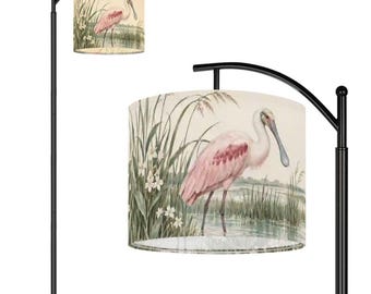 Roseate Spoonbill Arc Floor Lamp, Coastal Bird Lamp with Smart Bulb and Remote, Black Metal Living Room Lighting