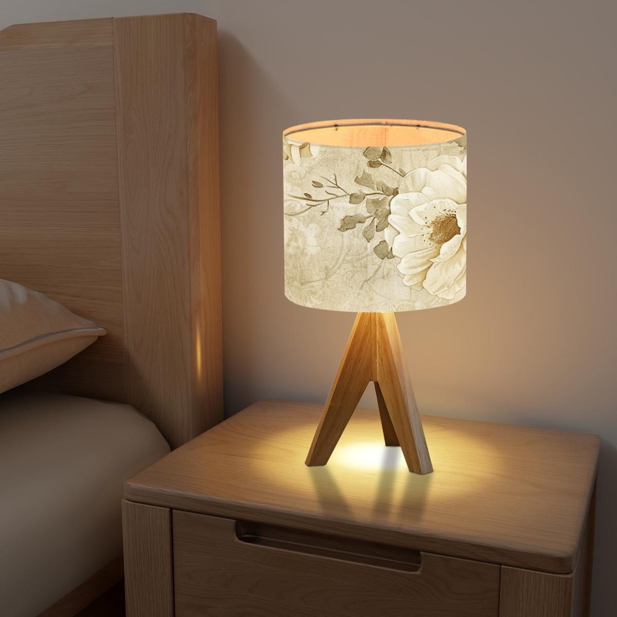 Vintage Floral Table Lamp, Wooden Tripod Lamp, Boho Bedroom Lamp, Rustic Bedside Lamp, Farmhouse Decor Light