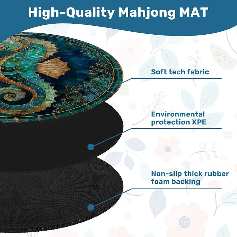 Seahorse Mahjong Mat Round 42 Inch, Coastal Ocean Game Mat, Blue Teal Seahorse Table Cover, Mahjong Table Pad, Poker Mat, Playing Surface afbeelding 4