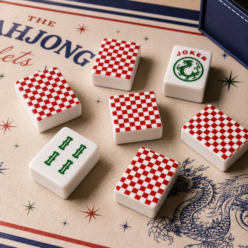 May include: Six white rectangular mahjong tiles with red and white checkered backs, one tile featuring a green dragon and the word JOKER, and another with green bamboo symbols. The tiles rest on a mat printed with THE MAHJONG and a dragon illustration.