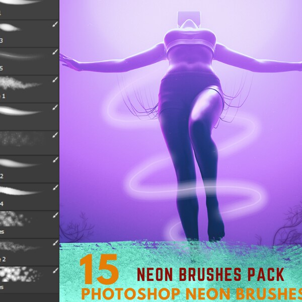 15 Photoshop Neon Brushes, Neon Light Effects, Photoshop Brushes, Neon Brushes,  Glowing Brush Set, Photoshop Graphics, Digital Brushes