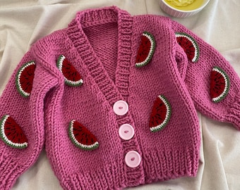 Watermelon Baby Cardigan, Handmade Kids Clothes, Baby Shower Newborn Gift, Birthday Gift, Sweater Cardigan for girls Outfit