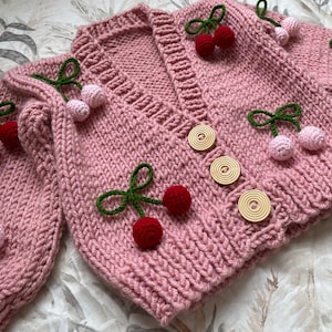 Knit Red+Pink Cherry Baby Cardigan, Handmade Kids Clothes, Baby Shower Newborn Gift, Birthday Gift, Sweater Cardigan for girls Outfit