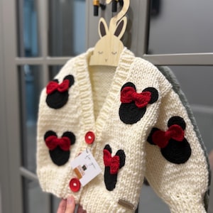 Knit Baby Cardigan Sweater, Handmade Kids Clothes, Handmade Mickey Mouse Cardigan, Baby Shower Newborn Gift,Sweater Cardigan for girl Outfit