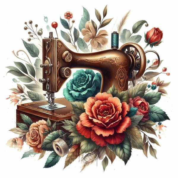 Whimsical Floral sewing machine Clipart: Ideal for Scrapbooking, Shirt making,sublimation, Crafting & More