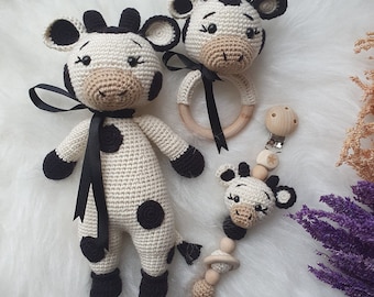 Handmade amigurumi cute crochet animals, sweet cow for newborns, toys for babies and kids, Birthday,babyshower gifts,rattle,crochet girl cow