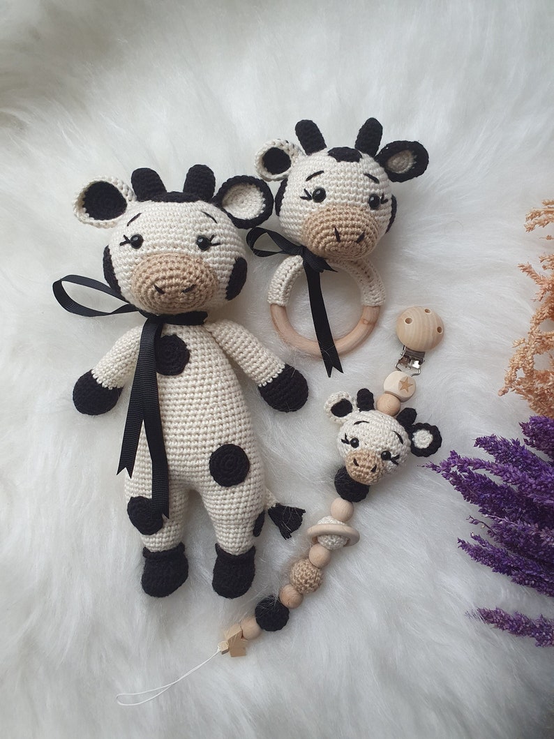 Handmade Crochet Cow, Amigurumi Baby Rattle, Pacifier Holder - Etsy