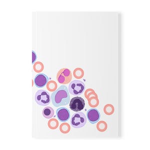 May include: A microscopic image of blood cells, showing red blood cells, white blood cells, and platelets. The image is in shades of pink, purple, and blue.