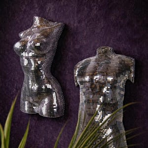 Könnte beinhalten: Zwei silberne Mosaik-Torsoskulpturen, eine weibliche und eine männliche, an einer dunkelvioletten Wand befestigt. Die Skulpturen bestehen aus kleinen, reflektierenden Fliesen, die einen schimmernden Effekt erzeugen. Grüne Pflanzenblätter befinden sich im Vordergrund.