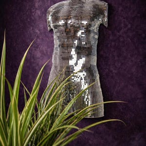 Könnte beinhalten: Eine silberne Torso-Skulptur im Mosaikstil vor einer tiefvioletten Wand. Die Skulptur besteht aus kleinen, reflektierenden Fliesen, die einen schimmernden Effekt erzeugen. Grün und gelb gestreifte Pflanzenblätter befinden sich im Vordergrund.