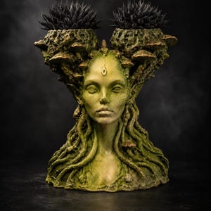 Maceta de piedra fundida pintada a mano con forma de cabeza de hongo / Maceta con rostro de reina de las hadas fúngicas