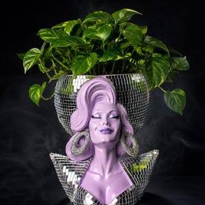 May include: A lavender-coloured bust planter featuring a sculpted head with closed eyes, purple lips, and large glittery hoop earrings. The base and the upper bowl section are covered in small, reflective silver mirror tiles, holding a green pothos plant.
