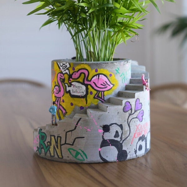 Statement Graffiti Planter Large - Personalised Art Pot - Miniature People Included - Stairs Desk Accessory - Street Art Birthday Gift