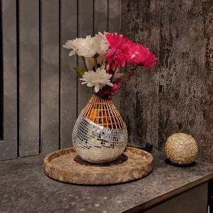 Glamorous Mirror Ball Vase - Handmade Gold And Silver Aesthetic Home Decor Accessory - Retro Theme Decor - Bedside Table Disco Ball Planter