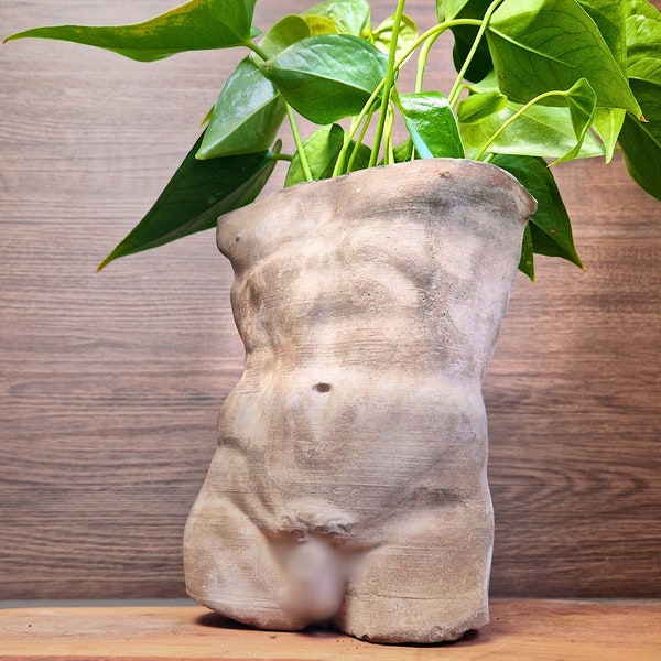 Sculpted Greek God Male Planter, Tall Concrete Vase, Man Sculpture Cast Plant Pot, Unique Greece Decor for Home or Garden