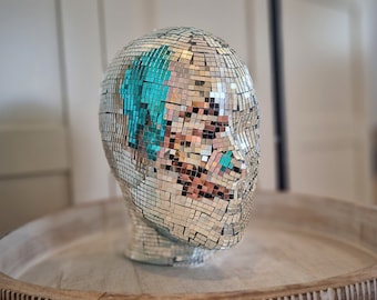Tête de mannequin disco éblouissante - sculpture boule à facettes disco - présentoir de perruque de support de chapeau - verre de tête de mannequin de perruque - tête de disco - lunettes de soleil