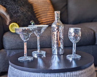 Cool Disco Mirror Bar Ornaments - Martini Glass - Margarita gift - Disco Wine Glass and Bottle - Mirror Ball Sculpture - Funky Disco Gift