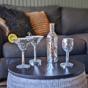 Coole Disco Spiegel Bar Ornamente - Martini Glas - Margarita Geschenk - Disco Weinglas und Flasche - Spiegelkugel Skulptur - Funky Disco Geschenk