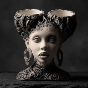 Peut inclure: Buste décoratif en noir et blanc d'une femme avec deux compartiments ouverts sur la tête. Le buste présente des motifs complexes, de grandes boucles d'oreilles et une expression sereine. Il repose sur une base sombre et rectangulaire.