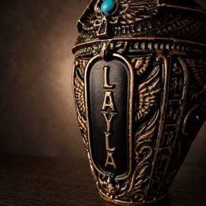Close up of personalised name panel on cast stone pet urn