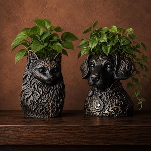 Jardinière personnalisée pour animal de compagnie | Pot photo en pierre moulée chien chat, familier gothique lune