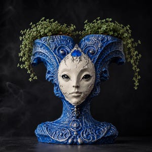 May include: A blue and white sculptural planter featuring a central face with almond-shaped eyes, ornate swirling patterns, and a single blue gemstone on the forehead. Two green leafy plants grow from the top openings of the headpiece.