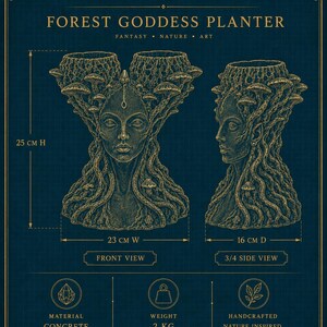 Mycelia planter dimensions card showing 25 cm height, 23 cm width, 16 cm depth and 2 kg weight