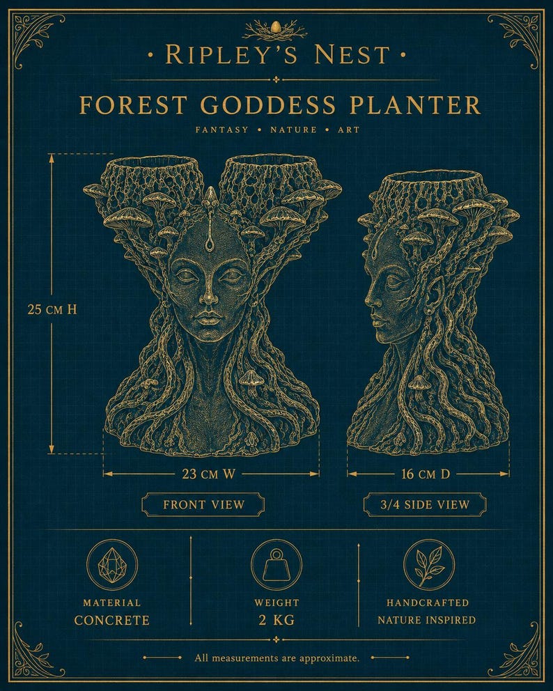 Mycelia planter dimensions card showing 25 cm height, 23 cm width, 16 cm depth and 2 kg weight