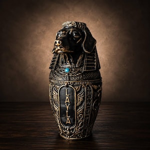 Close angled view of black and gold cast stone dog canopic urn