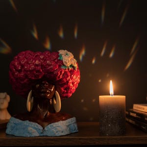 Girl Juice hand-painted cast stone head planter with pink Afro design, listing image 9