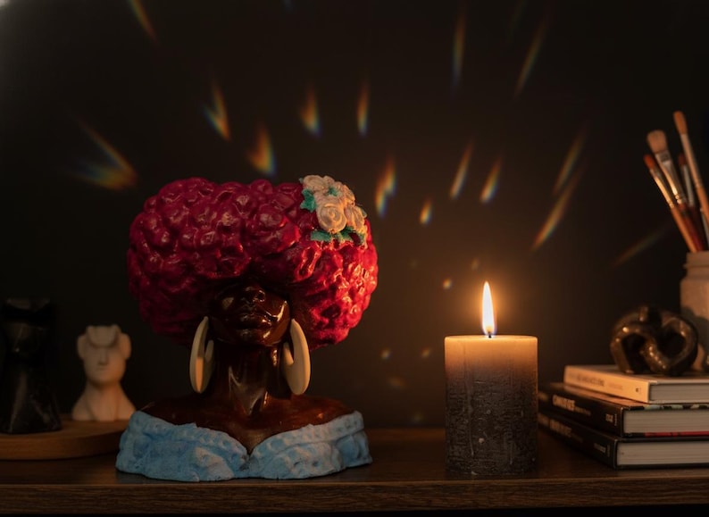 Girl Juice hand-painted cast stone head planter with pink Afro design, listing image 9