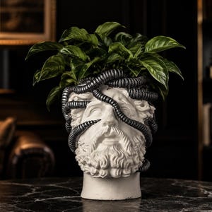 Maceta con forma de busto de Aristóteles / Maceta clásica de piedra fundida con forma de cabeza, decoración biomecánica