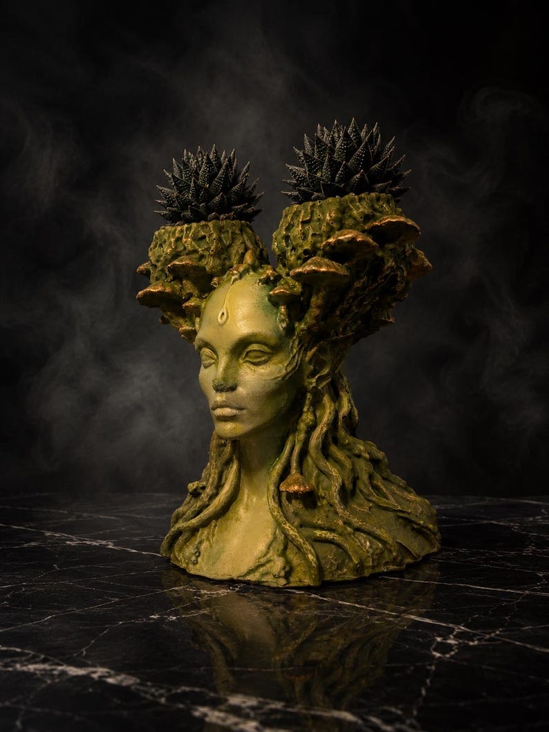 Side view of Mycelia cast stone fungal faerie planter