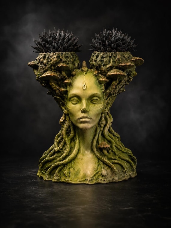Hand-Painted Cast Stone Mushroom Head Planter | Fungal Faerie Queen Face Pot