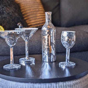 Disco Delight Barware Set - Cool Bar Ornaments - Martini Glass - Margarita - Wine Glass - Wine Bottle - Mirror Ball Sculpture - Funky Gift
