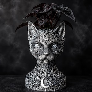 Op de afbeelding: Een zilverkleurige plantenpot in de vorm van een kat met ingewikkelde reliëfpatronen, een maansikkel op het voorhoofd en de basis, en lichte ogen. Een plant met donkere bladeren groeit uit de bovenkant van de kattenkopsculptuur.