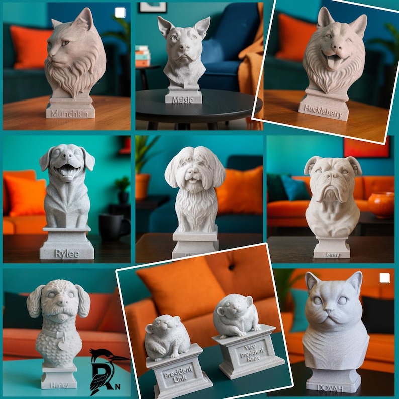 Collage of personalised dog, cat, horse and small pet bust examples