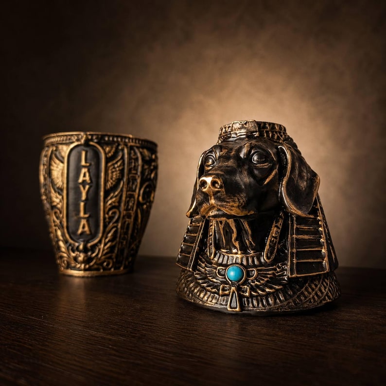 Sculpted dog head lid and urn base shown side by side