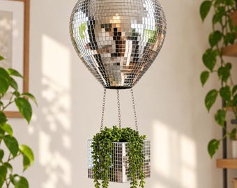 Maceta con forma de globo aerostático y bola de espejos, maceta colgante estilo discoteca, hecha a mano en el Reino Unido.