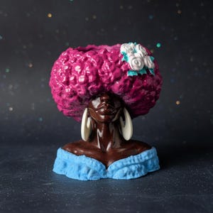 Girl Juice hand-painted cast stone head planter with pink Afro design, listing image 5