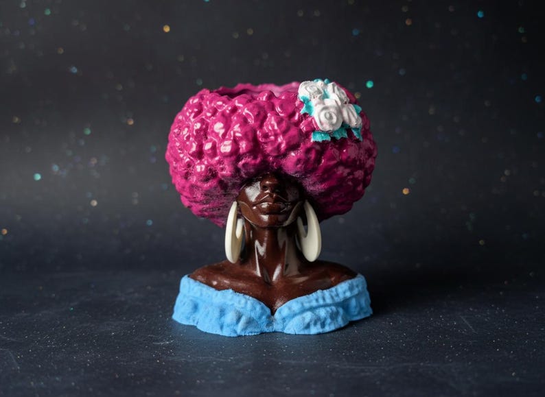 Girl Juice hand-painted cast stone head planter with pink Afro design, listing image 5