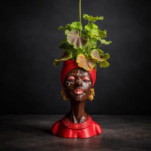 Vaso da fiori fatto a mano con testa di donna / Decorazione afrocentrica, orecchini in oro