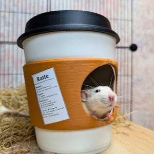 Puede incluir: Una rata blanca asoma por una casa para mascotas con forma de taza de café. La casa tiene una funda naranja con una etiqueta que dice "Ratte". La taza es blanca con una tapa negra. La casa para mascotas está diseñada para animales pequeños.