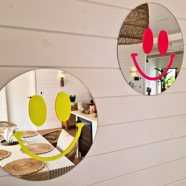 Funky Large Happy Face Mirror by Ripleys Nest- Real Glass Mirror- Trendy Retro Mirror Decal Preppy Hot Pink Neon Yellow, Metallic Room Decor