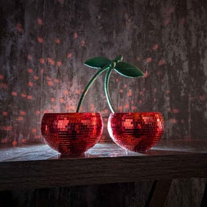 Disco Ball Planter | Red Cherry Plant Pot, 70s Retro Home Decor, Funky Groovy Aesthetic Gift | Unique Bar Cart Accessory
