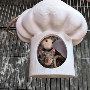 Pode incluir: Uma casa para animais de estimação em forma de chapéu de chef branco com dois ratos dentro. Os ratos são cinzentos e brancos, e a casa é feita de um material sólido. A casa para animais de estimação está dentro de uma gaiola de arame.