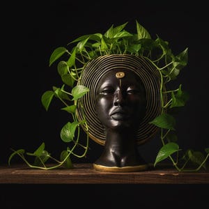 Puede incluir: Una escultura de cabeza de color bronce oscuro con un diseño en espiral dorado alrededor de la cabeza, que sostiene vides verdes y frondosas. La escultura tiene un acento dorado en la frente y la base, sobre un fondo oscuro.
