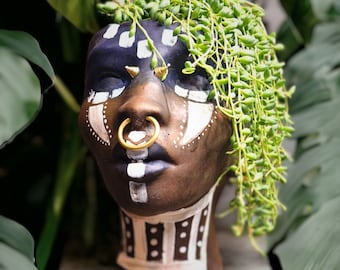 Hand Painted Concrete Bust Planter, Face Plant Pot, Art Decor