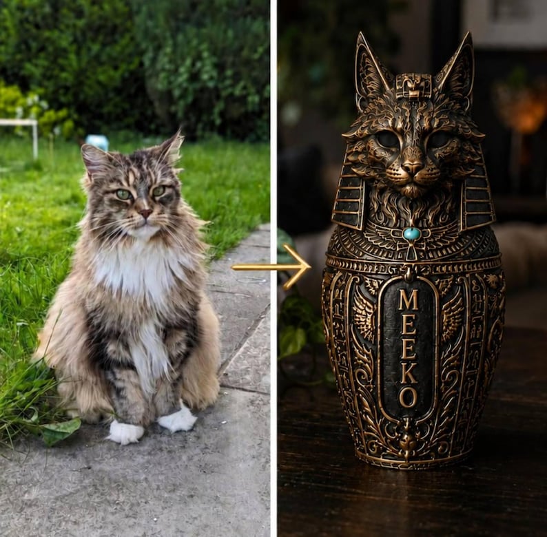 Cat photo to cast stone canopic urn example with personalised name