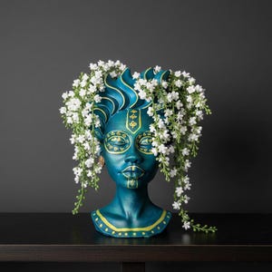 Teal African Head Face Planter | Hand-Painted Gold Detail Bust Pot
